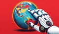 Robotic Hand Pointing at the Globe North America on Red Background, robotic artificial intelligence concept Royalty Free Stock Photo