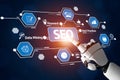 Robotic Hand Pointing at SEO Icon Among Digital Icons Representing Data Mining, Keywords, Charts, and Best Practices in Royalty Free Stock Photo