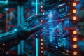A robotic hand is pointing to a glowing blue circle on a computer screen. futuristic technology Royalty Free Stock Photo