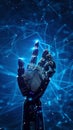 Robotic hand pointing upwards with a glowing network background. Symbolizes AI advancement and future technology Royalty Free Stock Photo