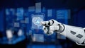 Futuristic robotic hand interacting with digital artificial intelligence interface showcasing advanced technology Royalty Free Stock Photo