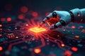 Robotic hand points at glowing digital circuit board robotic cyberpunk interface
