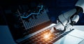 Futuristic robotic hand interacting with laptop keyboard, analyzing data and graphs on screen, representing technology Royalty Free Stock Photo