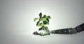 Robotic hand presenting digital green plant growing against white background