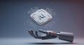 Robotic hand presenting a stylized central processing unit chip with the letters AI symbolizing artificial intelligence technology Royalty Free Stock Photo