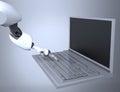 Robotic Hand Pressing Enter Key On Keyboard. 3d rendering. working with computer keyboard Royalty Free Stock Photo