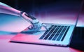 Robotic hand pressing a keyboard on a laptop 3D rendering Royalty Free Stock Photo