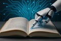 Robotic hand interacting with an open book displaying advanced technology and knowledge Royalty Free Stock Photo