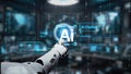Futuristic Robot Hand Interacting with AI Chatbot Interface in High-Tech Control Room Setting with Digital Elements and Royalty Free Stock Photo