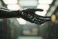 Robotic hand reaching out in a futuristic setting with intricate details and design