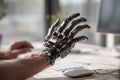 Robotic hand reaching out to a computer mouse on a modern workspace desk Royalty Free Stock Photo