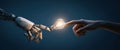 Robotic hand reaching towards human finger, creating a connection with glowing light bulb, symbolizing innovation, technology, and Royalty Free Stock Photo