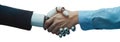 Robotic hand shakes with human hand during a collaboration to signify progress in technology and artificial intelligence Royalty Free Stock Photo