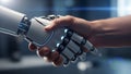 Robotic hand shaking human hand in futuristic office setting Royalty Free Stock Photo