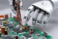 A robotic hand skillfully interacts with a circuit board, using tools to assemble components. The scene is set in a modern tech Royalty Free Stock Photo