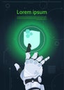 Robotic Hand Touch Shield Button On Digital Monitor Web Security And Protection Concept Banner With Copy Space