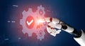 Advanced robotic hand interacting with futuristic gear interface showcasing AI technology verification concept in a Royalty Free Stock Photo