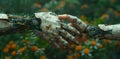 A robotic hand touches a human hand in a field of flowers Royalty Free Stock Photo