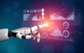 Futuristic robotic hand interacting with digital data visualization and analytics screens in a technology-driven Royalty Free Stock Photo