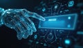 Robotic hand touches virtual screen to activate process. Futuristic interface shows advanced automation tech. AI streamlines Royalty Free Stock Photo
