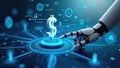 Robotic hand touching digital dollar sign on virtual screen background