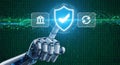 Robotic hand touching digital shield with checkmark and bank icon robot hand artificial intelligence Royalty Free Stock Photo