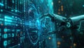 Robotic hand touching a glowing digital screen filled with complex data binary code and futuristic holographic interface Royalty Free Stock Photo