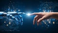 Robotic Hand Touching Human Hand with Digital Circuit Background blue background futuristic Royalty Free Stock Photo