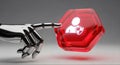 Robotic hand touching red hexagonal icon representing digital user security and data protection Royalty Free Stock Photo