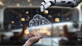 Robotic Hand Transferring Digital Files to Cloud Storage in Modern Office Environment with Abstract Data Flow. Auvana Royalty Free Stock Photo