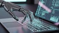 Robotic Hand Typing on a Glowing Keyboard of a Modern Laptop with Data Visualizations on Screen Keywords: robot Royalty Free Stock Photo