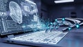 Robotic hand typing on a glowing laptop keyboard with a3D wireframe human head on the screen Keywords: technology Royalty Free Stock Photo