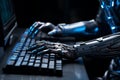 Robotic hand typing on a keyboard showcasing advanced technology in action, robot working with human in factories concept Royalty Free Stock Photo