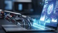 Robotic hand typing on a laptop with futuristic glowing digital interface and data visualizations displayed on screen Royalty Free Stock Photo