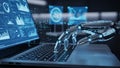 Robotic Hand Typing On Laptop Keyboard With Blue Data Visualizations On Screen And Monitors Royalty Free Stock Photo