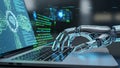 Robotic Hand Typing on a Laptop Keyboard with a Digital Brain and Code on the Screen Royalty Free Stock Photo