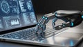 Robotic hand typing on a laptop keyboard with futuristic data visualizations on screen Royalty Free Stock Photo