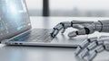 Robotic Hand Typing on a Laptop Keyboard with Futuristic Digital Interface Displayed Royalty Free Stock Photo