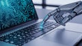 Robotic Hand Typing on a Laptop Keyboard with Glowing Blue Circuit Board Display 182 Royalty Free Stock Photo