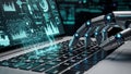 Robotic hand typing on a laptop keyboard with glowing blue digital data displayed on the screen Royalty Free Stock Photo