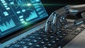 Robotic hand typing on a laptop keyboard with glowing blue digital data displayed on the screen Royalty Free Stock Photo