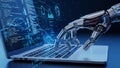 Robotic hand typing on a laptop keyboard with glowing blue screens displaying code and data visualizations in a dark Royalty Free Stock Photo