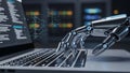 Robotic Hand Typing on a Laptop Keyboard with Lines of Code Displayed on the Screen and Futuristic Digital Royalty Free Stock Photo