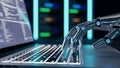 Robotic hand typing on a laptop keyboard with lines of code displayed on the screen in a futuristic server room Royalty Free Stock Photo