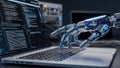 Robotic Hand Typing on Laptop Keyboard with Lines of Code Displayed on Screen Royalty Free Stock Photo