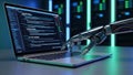 Robotic Hand Typing on a Laptop with Lines of Code and Server Racks in Background technology Royalty Free Stock Photo