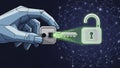 Robotic Hand Unlocking Digital Padlock with Glowing Key Royalty Free Stock Photo