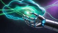 robotic hand uploads data into glowing cloud, with streams of binary code connecting them, symbolizing advanced technology and Royalty Free Stock Photo