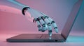 A robotic hand, white with visible mechanical components, hovers over a laptop keyboard, its index finger poised to press a key.