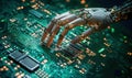 Robotic Hand Interacting with Futuristic Circuit Board Royalty Free Stock Photo